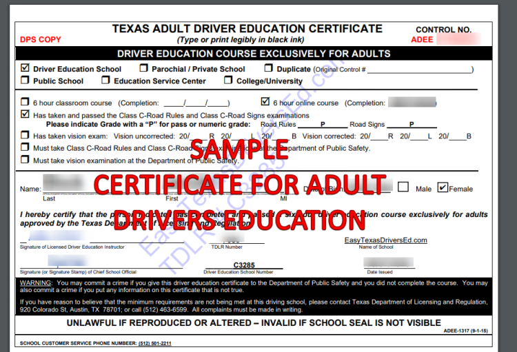 Sample Texas Teen Driver Certificate