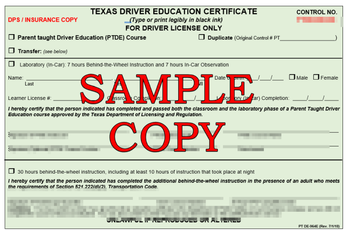 Sample Texas Teen Driver Certificate